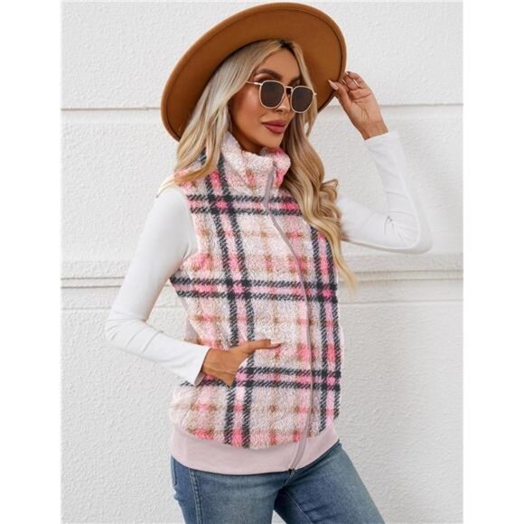 New Womens Fuzzy Fleece Vest, Casual Warm Sleeveless Zip Up Sherpa Vest - Picture 5 of 6